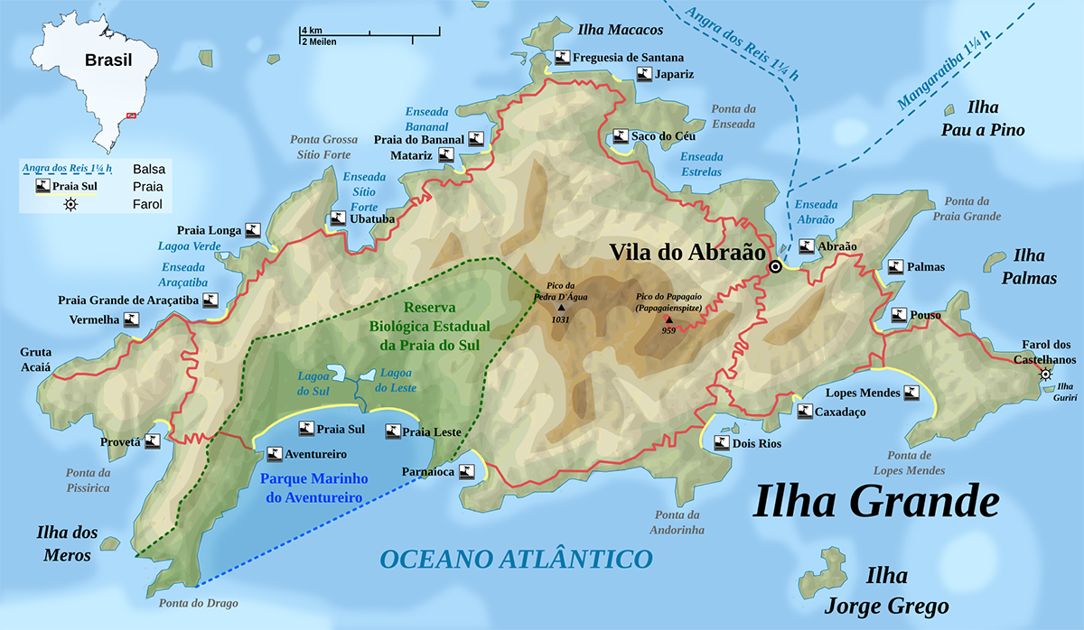 Mapa topográfico das trilhas da Ilha Grande, Rio de Janeiro