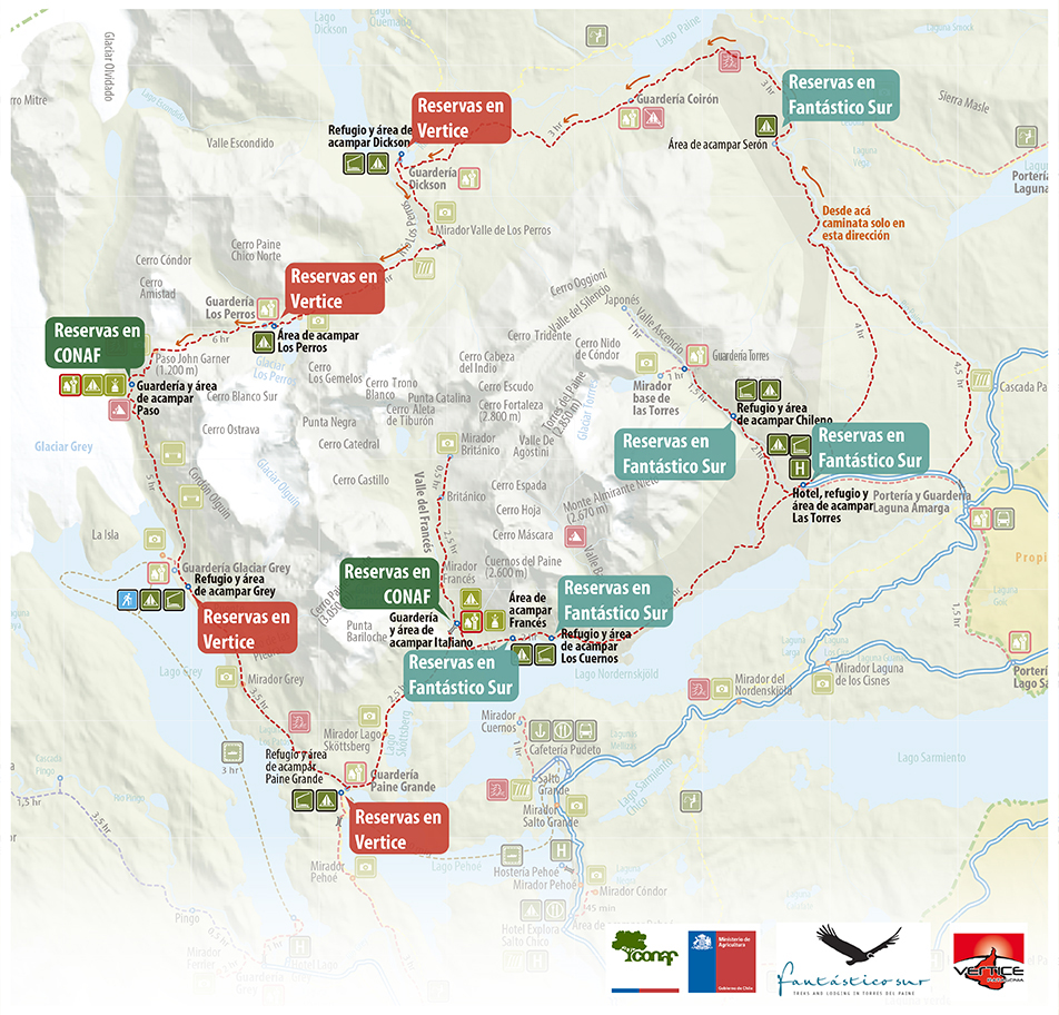 Mapa dos acampamentos em Torres del Paine