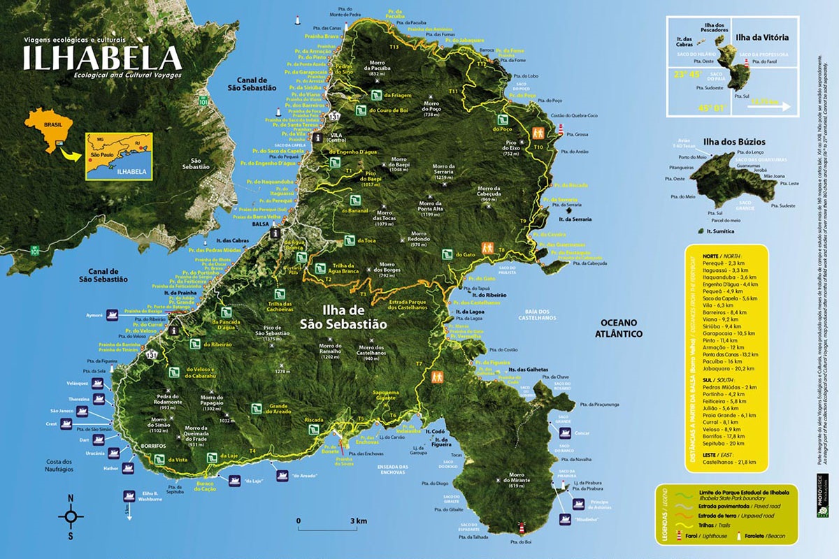 Mapa com as trilhas de Ilhabela